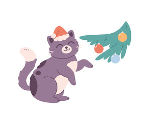 Cute cat in Santa hat playing with Christmas tree toys. Merry Christmas greeting card. Vector illustration in flat style 