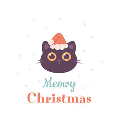 Merry Christmas greeting card with cute cat in Santa hat. Vector illustration in flat style
