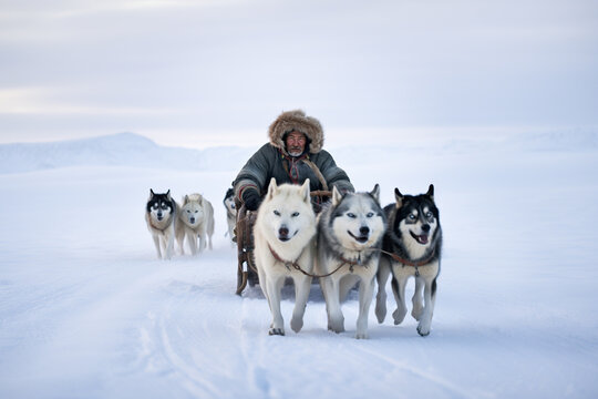 Generative AI image of a member of an Eskimo tribe navigating the snowy landscape with a team of huskies pulling a sled