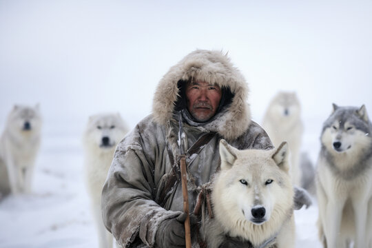 Generative AI image of an Eskimo man in traditional fur clothing looking at camera while standing with a loyal pack of wolves in a snowy tundra