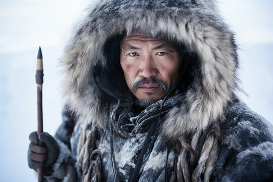 Generative AI image of a stoic Eskimo man dressed in fur-lined traditional clothing with a hunting spear looking at camera while standing against a frosty backdrop