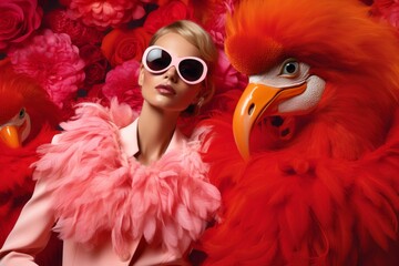 Young girls in beautiful fashionable clothes in flamingo plumage colors, exotic bird and high fashion, fashion magazine cover