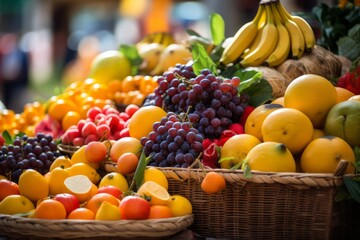 Naklejka na ściany i meble Seasonal fresh fruits at a street outdoor market, variety of organic local products