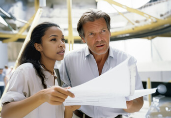 Generative AI image of diverse professionals discussing blueprints