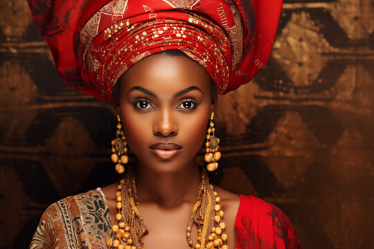 Regal African queen portrait with vibrant red head wrap and traditional attire. A powerful expression of cultural heritage and beauty. Suitable for poster, banner, or design. Black History Month
