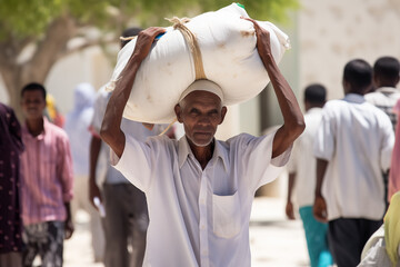 Man Carrying Heavy Load in Market. Generative AI