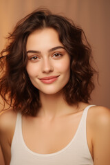 Fototapeta premium Portrait of a young woman with a radiant smile and natural makeup, set against a warm beige background. Healthy skin and casual hairstyle. Perfect for banner, poster, or design