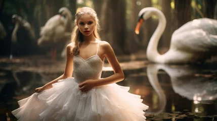 Selbstklebende Fototapeten A ballerina posing with swans © PixelPaletteArt