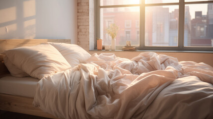 Morning light spills over a cozy, unmade bed.