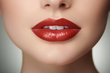 Classic red lipstick on a flawless complexion, close-up. Simple pastel background. Elegant and timeless beauty look. Perfect for poster, banner, or design. Female elegance concept