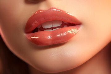 Obraz premium Natural rose lip gloss on plump lips, detailed close-up. Neutral makeup for a subtle beauty look. Macro photography for cosmetics and skincare. Perfect for poster, banner, or design. Female elegance