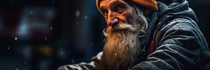 Homeless people close-up on city streets, housing problem, banner - obrazy, fototapety, plakaty