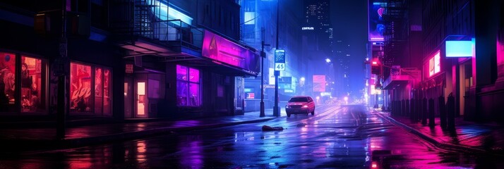 Night city, empty city streets after sunset in neon purple color, banner