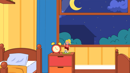 Cute children room. Cozy kids bedroom for sleep with furniture and decor. Home interior with bed, toys, wooden bedside table and window overlooking night sky. Cartoon flat vector illustration