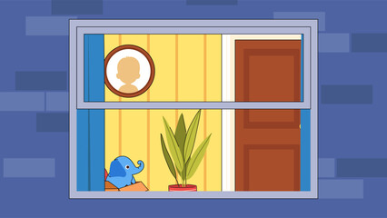 Cute children room. Exterior of house or apartment with brick wall and wooden window overlooking cozy living room or bedroom. Design element for background or banner. Cartoon flat vector illustration