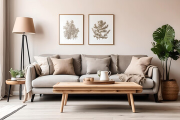 Rustic coffee table near sofa mockup poster and lamp - Interior design