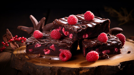 tasty cake with berries on dark wooden background