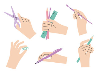 Hands with stationery items in simple style. Vector clipart set perfect for art item or stationery shop decoration