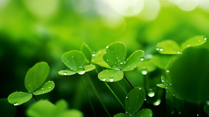 beautiful nature wallpaper. clover with dew drops among green grass. copy space. place for text.