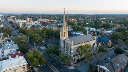 Fototapeta na wymiar Aerial view of a church on Market Street in downtown Wilmington, NC.