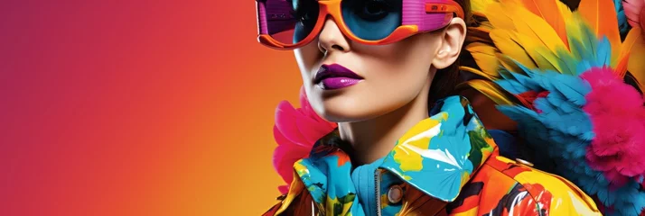 Fototapete Rund Young girls in beautiful fashionable clothes in toucan plumage colors, exotic bird and high fashion, fashion magazine cover, banner © pundapanda