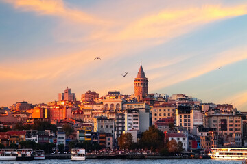 View of the Galata Tower from the Galata Bridge. Istanbul. Turkey.