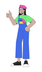 Middle eastern funky girl thumb up 2D linear cartoon character. Young adult woman wearing 80s retro clothes isolated line vector person white background. Nostalgia color flat spot illustration