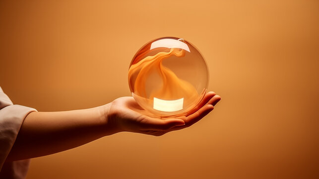 orange glass ball made of blown glass in a female hand on a beige background. glass blower concept. glass business. interior decoration	