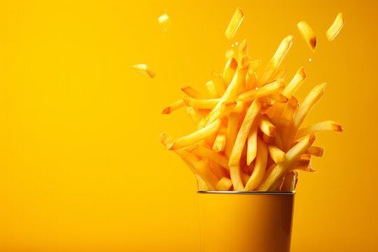 Falling french fries on yellow background. Shallow depth of field.