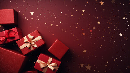 Red Christmas boxes are arranged festively on a red starry background.