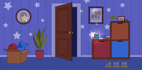 Cute children room. Colorful banner or background with cozy baby bedroom with open wooden door, star lamp, toys and decorative elements in evening lighting. Cartoon flat vector illustration - obrazy, fototapety, plakaty