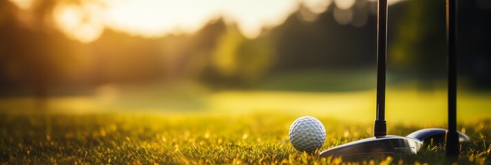 Close-up of a golf ball on a golf course green, an active outdoor game, banner - obrazy, fototapety, plakaty