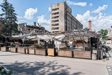 Cafe ruins in the city of Kramatorsk. Consequences of a Russian missile attack.