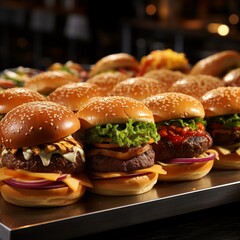 Closeup of tasty hamburgers on tray in restaurant. Concept of fast food
