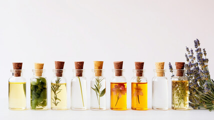 set of essential oil bottles with flowers and herbs, on white background
