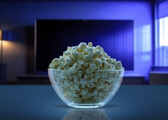 TV screen and popcorn bowl on desk