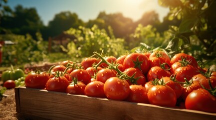a wooden box full of tomatoes in the garden,