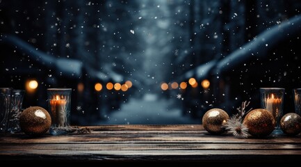 a wooden table in winter with snow falling from it,