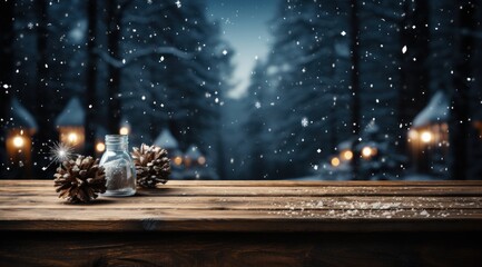 a wooden table in winter with snow falling from it, - obrazy, fototapety, plakaty