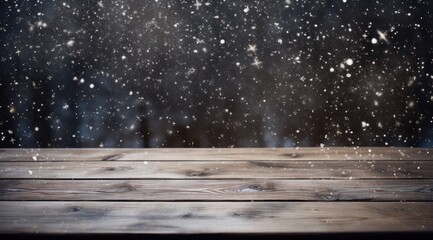Naklejka na ściany i meble a wooden table in winter with snow falling from it,