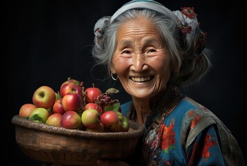 Fototapeta na wymiar an elderly woman smiling with a basket full of apples,