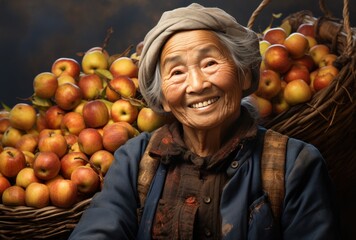 an elderly woman smiling with a basket full of apples,
