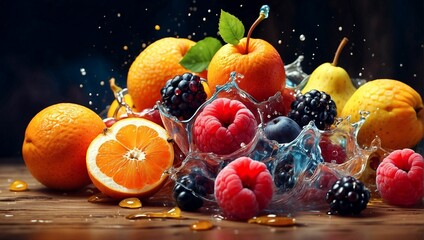 a group of fruit with water droplets falling out of them