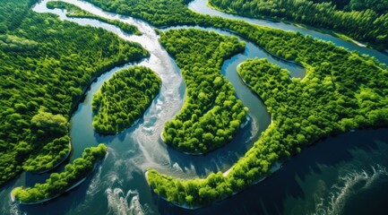 aerial view of a river flowing in middle of a forest,