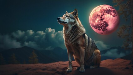 a wolf in the desert at night with a full moon - obrazy, fototapety, plakaty