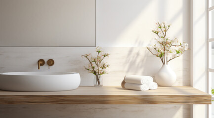 Fototapeta na wymiar an image of the table in a modern white bathroom,