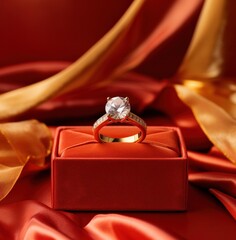 an orange and red engagement ring with red diamonds is sitting in a red box,