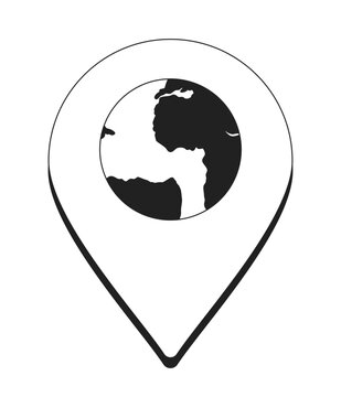 Planet earth location pinpoint black and white 2D cartoon object. Discovering traveling pin isolated vector outline item. World map exploration. Direction monochromatic flat spot illustration
