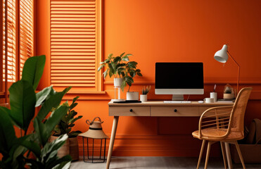 an orange home office with desk and a plant,