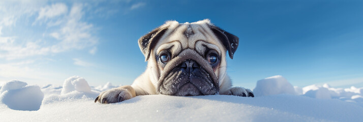 Closeup of cute pug dog sitting in the snow and looking at the camera. Beautiful natural animal portrait, ideal as web banner for winter and christmas concepts. - obrazy, fototapety, plakaty